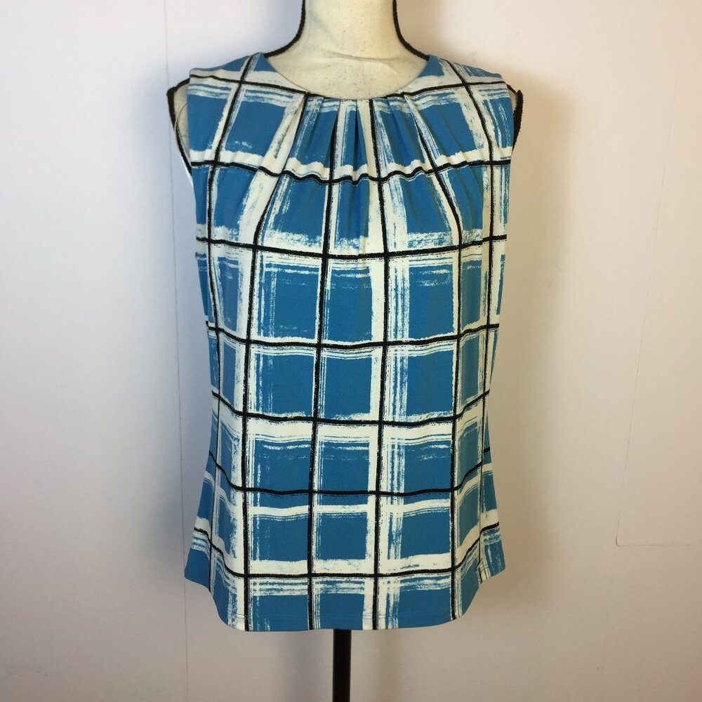Calvin Klein Tank Top Blouse Size M Womans Blue Plaid Sleeveless Stretch Knit